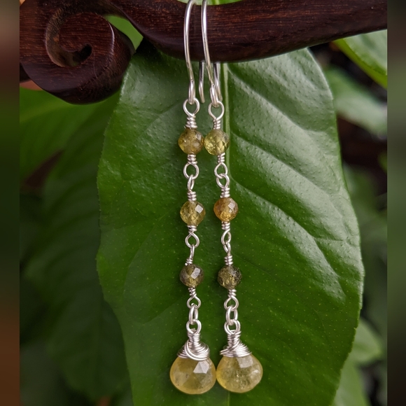 Artisan Jewelry - Earthy Green Garnet Earrings Dainty Sterling Silver Elegant Dangle Drop